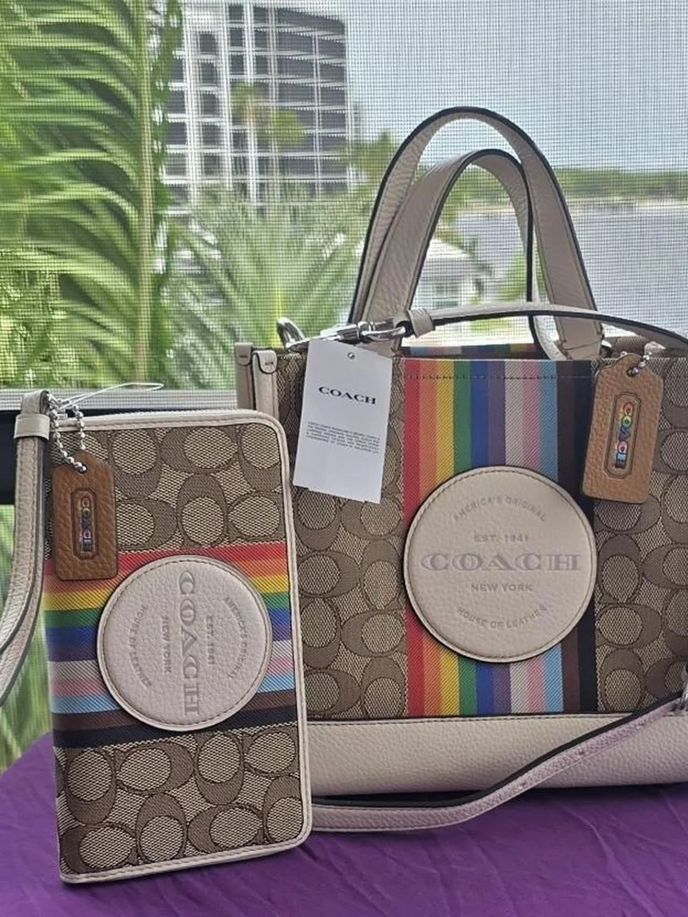 Coach Rainbow Stripe Signature Print White Leather Trim Tote & Matching Wallet